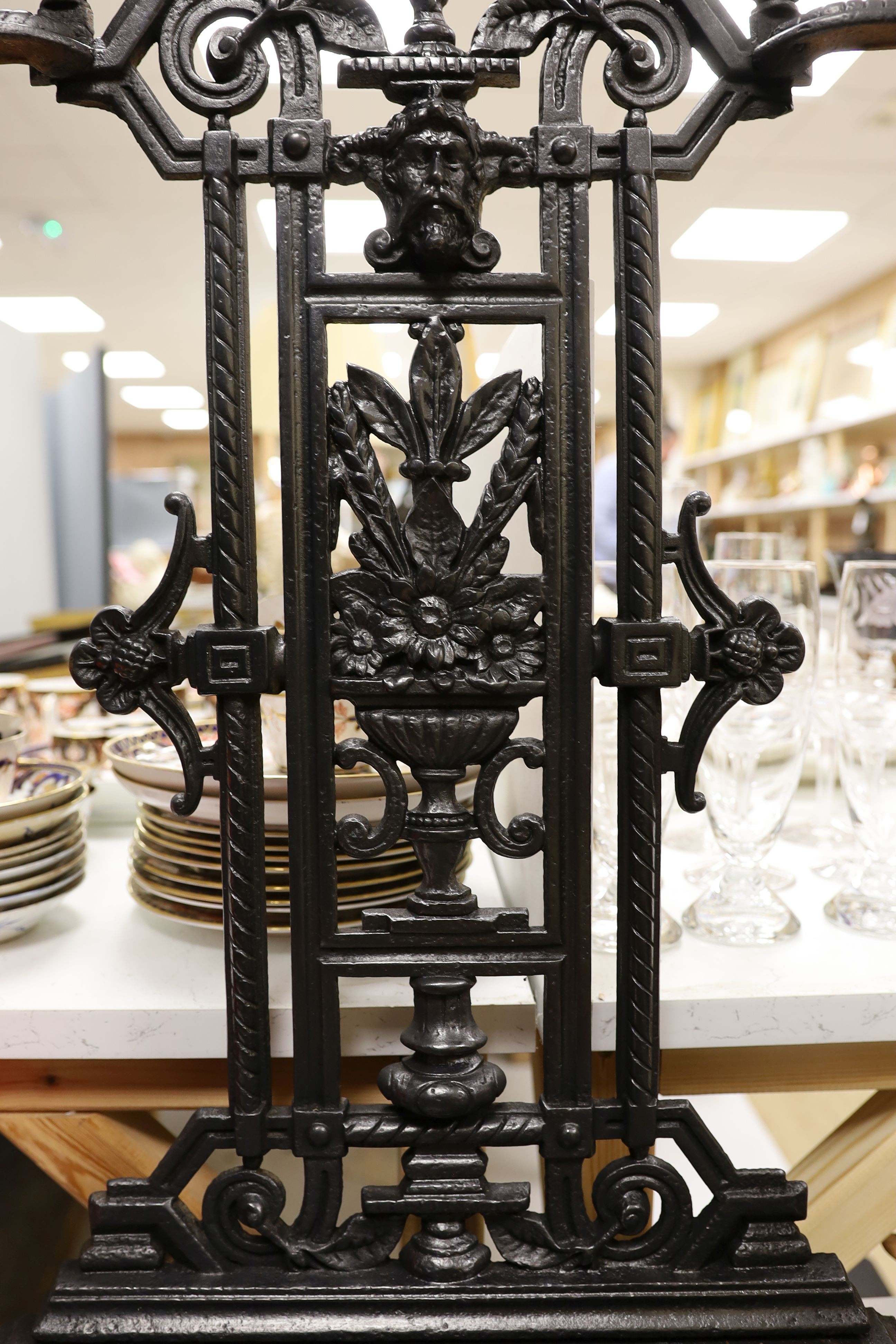 A Victorian cast iron stick stand and drip tray, Rd number 92713, 88 cms high.